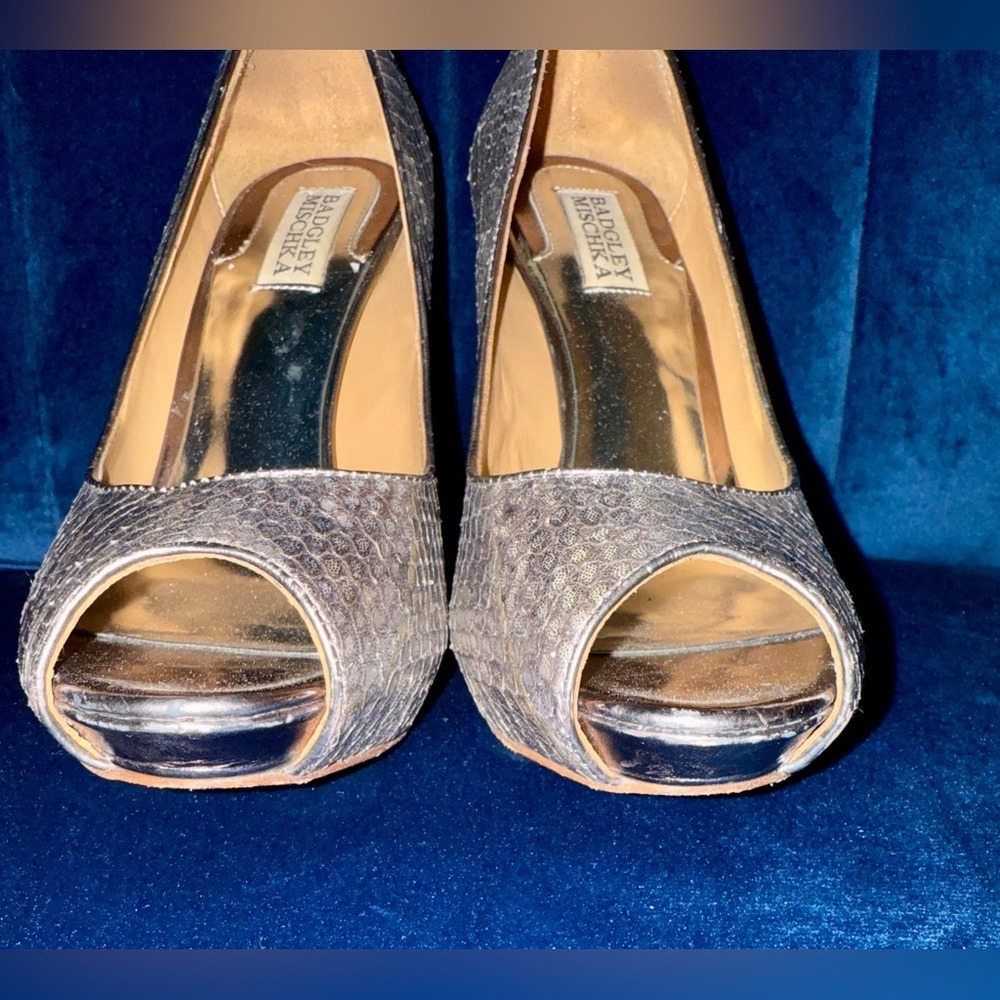 Badgley Mischka Pumps 8M Silver Metallic Snakeskin Peep Toe Stiletto Heels